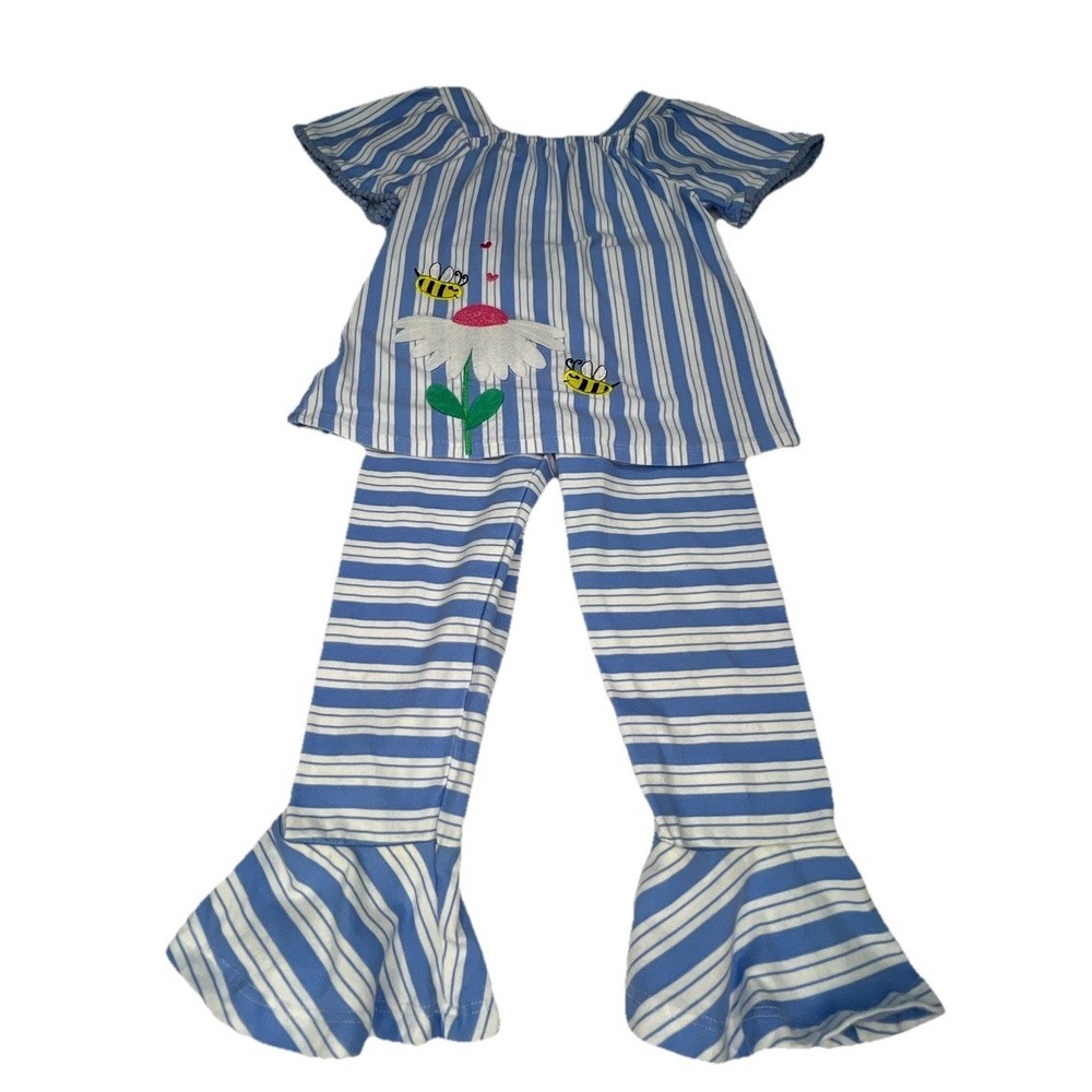 Rare Editions Girl's 2 Piece Outfit With Ruffles Bees Flower Size 6 Blue White